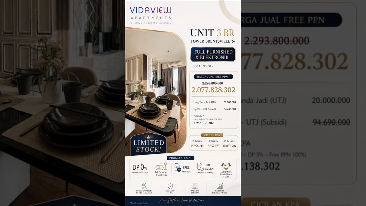 Vida View Apartemen Siap Huni Full Furnished & Eletronik3 Br Tower Brentsvilleluas 90 M²Dp 0% Bebas Ppnfree Biaya KPR (Propicy &Admin)Subsidi Biaya KPA & Notaris 5 Jtrp. 2.077.828.302