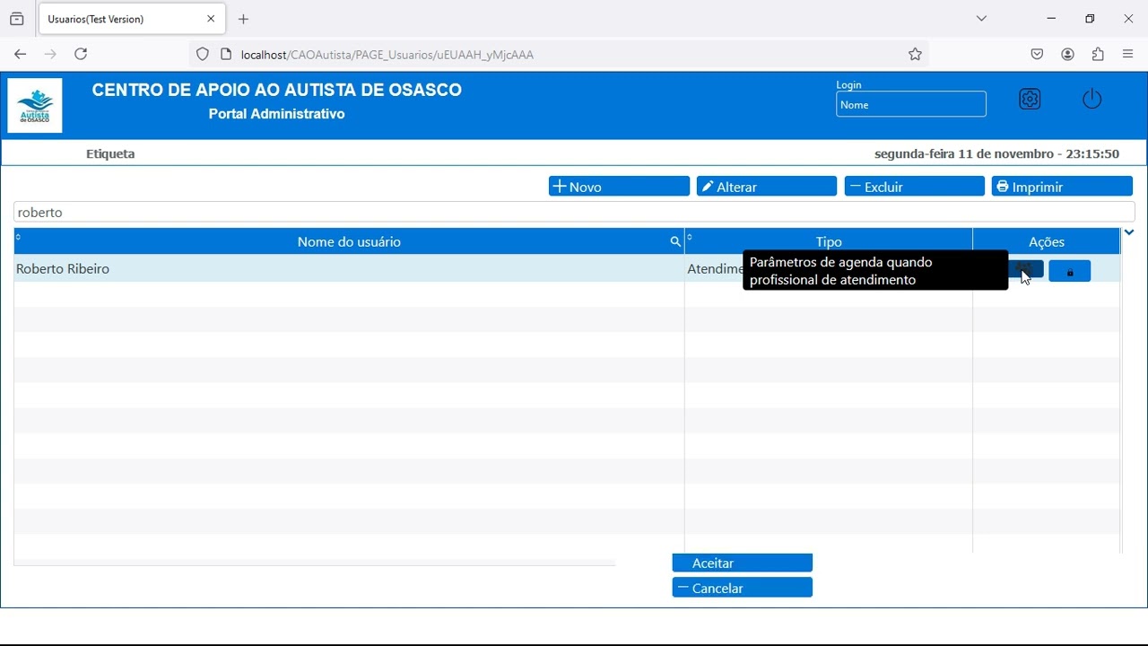 Cadastro do profissional de atendimento