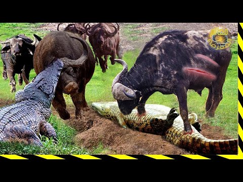 مدهش...جوم مميت من الجاموس الافريقي المفترس على تمساح النيل لن تصدق كيف اوقع به