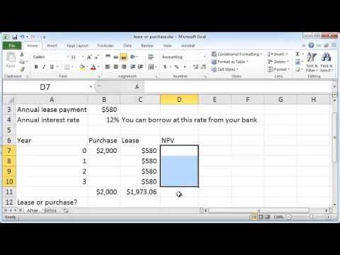 Part of a video titled Excel 2010: Buy versus lease calculation - YouTube