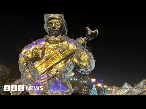 Christmas decorations replaced with ice sculptures of Russian soldiers - BBC News