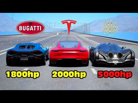 Devel Sixteen vs Tesla Roadster vs Bugatti Tourbillion DRAG RACE