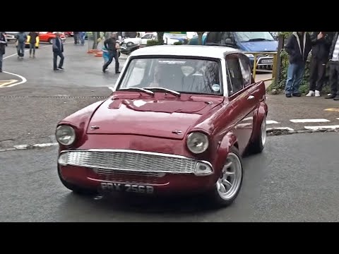 Cosworth Turbo Ford Anglia 105e Leaving a Car Meet