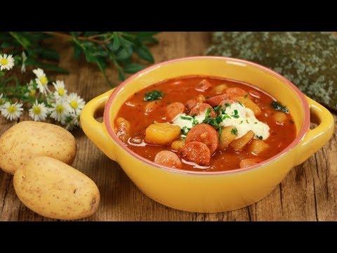 Grandma's potato goulash with sausages - Potato goulash with frankfurters - Potato stew with saus...