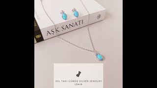 Gümüş Mavi Ateş Opal taşlı kolye küpe set
