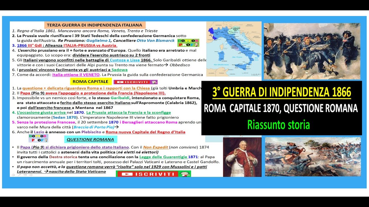 ☑️ Terza guerra di Indipendenza 1866, Roma Capitale 1870, Questione Romana riassunto semplice storia
