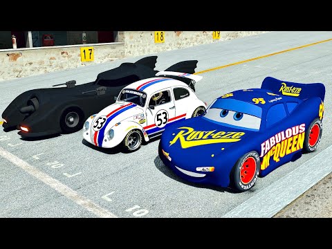 Fabulous Lightning McQueen vs Herbie vs Batmobile 1989 - Drag Race 10 KM