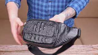 Стильна поясна сумка з натуральної шкіри з фактурою під крокодила 21297 Vintage чорна