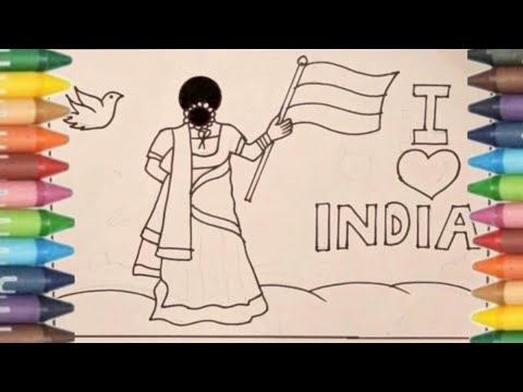 how to draw indian flag 🇮🇳/a traditional women holding flag /independence day drawing easy steps l