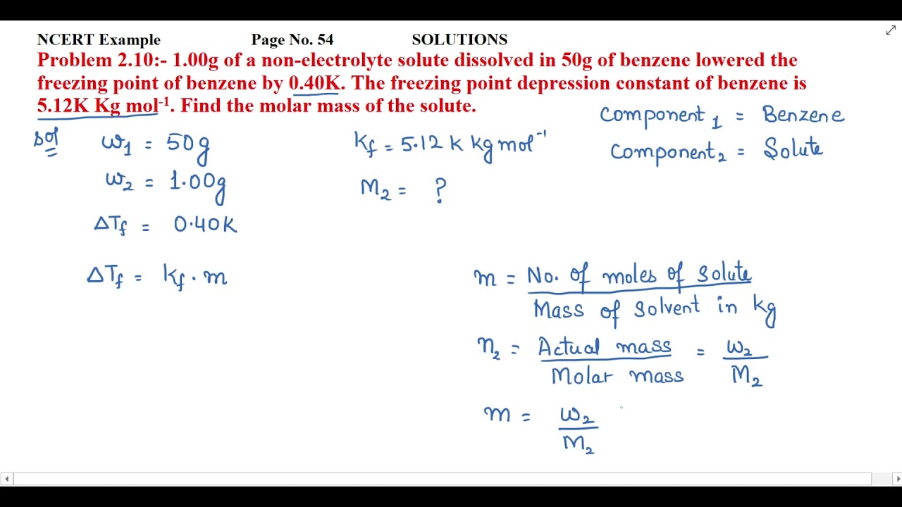 Watch video 1.00g of a non-electrolyte solute dissolved in 50g of benzene lowered the freezing point of....... Now 1.00g of a non-electrolyte solute dissolved in 50g of benzene lowered the freezing point of.......
