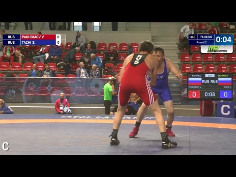 Round 2 FS - 58 kg: V. PAKHOMOV (RUS) df. S. TAZHI (RUS) by FALL, 4-0