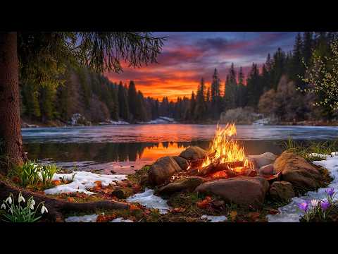Early Spring Campfire at Sunset 🔥 River Ambience and Forest Sounds