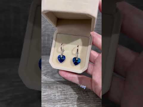 Подарок девушке серьги Сваровски "Сердечки сапфир" ювелирный сплав покрытие родий в подарочной упаковке - фото 2 - id-p2465937731