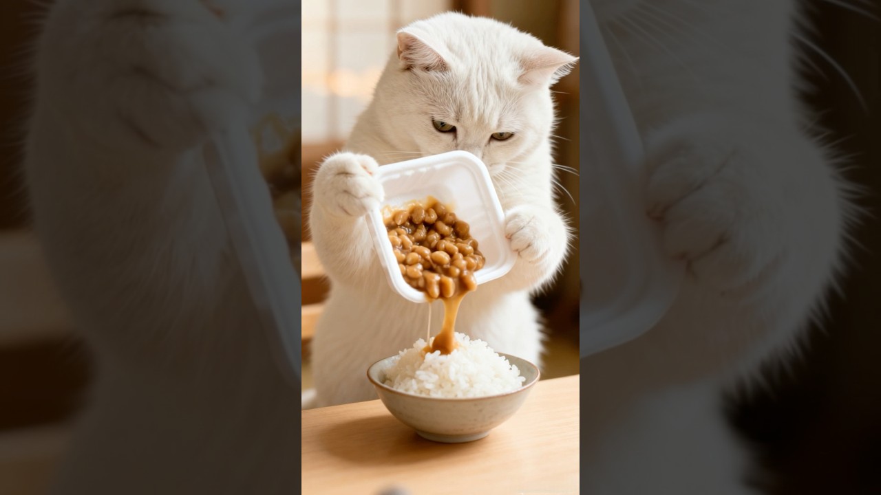 このネバネバがたまらにゃい😻　#納豆ごはん #mukbang #asmr #aicat #ai猫 #猫のいる暮らし