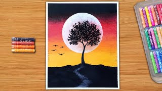 Oil pastel drawing easy - Moonlight night scenery 