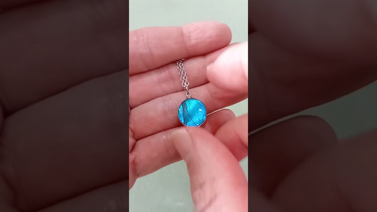 14mm exclusive Blue Morpho menelaus real butterfly wing artisan necklace under glass with elegant iridescent blue reflection
