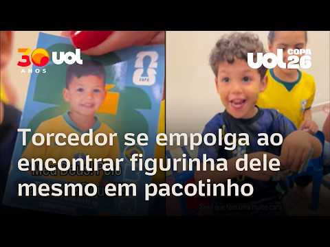 Pequeno torcedor do Brasil se empolga ao encontrar figurinha dele mesmo em pacotinho; veja reação