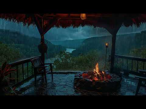 Heavy Rain in the Forest Porch, Bonfire and Thunderstorm Sounds To Helps Reduce stress, Sleep