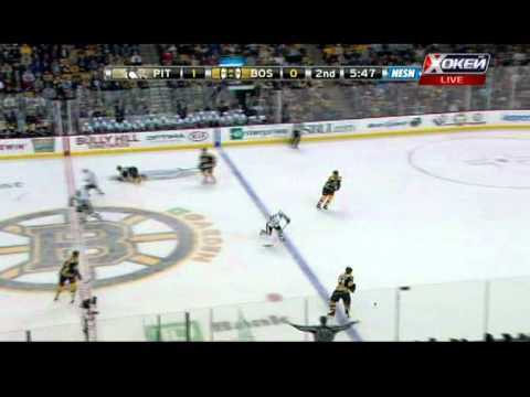 Brooks Orpik hits Daniel Paille (Penguins & Bruins), February 4, 2012