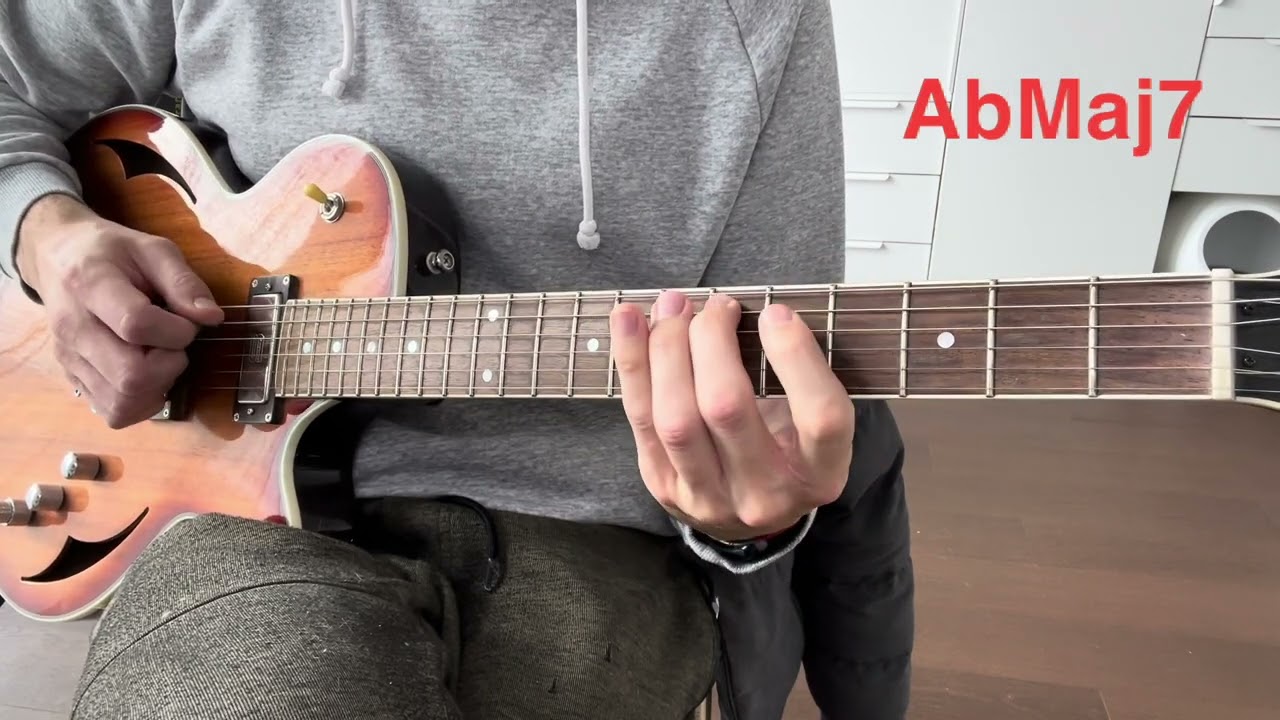 Guitar fretboard showing ii-V-I voice leading arpeggios around the circle of fourths