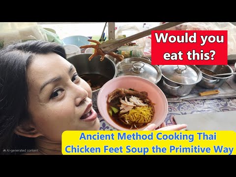 Primitive Cooking Thai Chicken Feet Soup Over an Open Fire