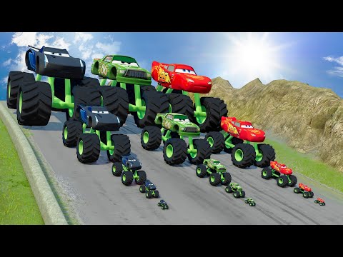 Big & Small Monster Trucks: Jackson Storm vs Chick Hicks vs Lightning Mcqueen vs DOWN OF DEATH