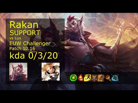 Rakan Support vs Lux - EUW Challenger 0/3/20 Patch 10.16 Gameplay
