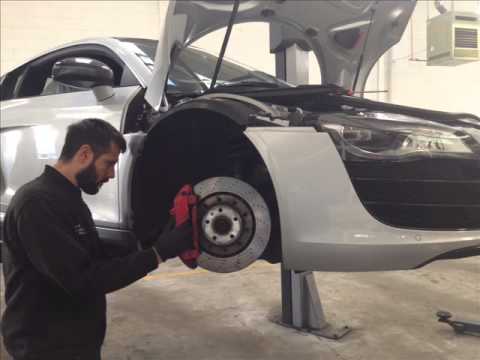 This is how we replace the front brake pads on an Audi R8 in under a minute.