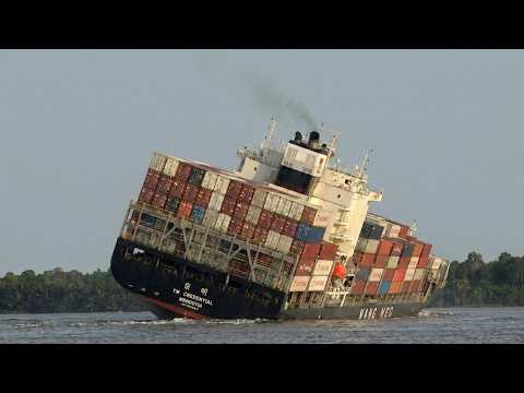 Spectacular Turn! Container Ship Tilts Hard in a Narrow River Turn