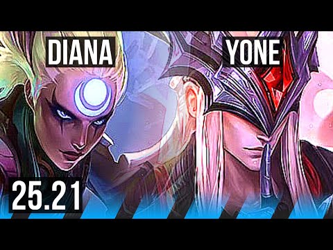 DIANA vs YONE (MID) | 6 solo kills, Legendary | KR Grandmaster | 25.21