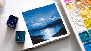 Painting with Gouache for Beginners | Moonlight Scenery Gouache Painting Tutorial | Jelly Gouache