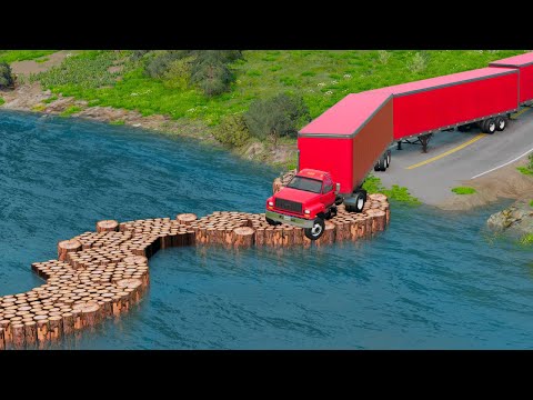 Cars Vs Vertical Log Bridge River Crossing Deep Water Stunt - BeamNG.Drive