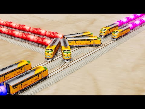 Impossible Multiple Overlapping Rail Tracks Crossover Vs Trains Crossing  - BeamNG.Drive