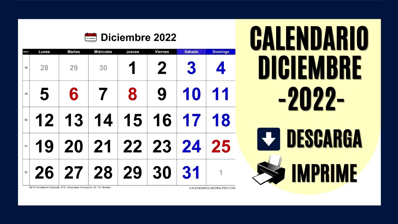 CALENDARIO DICIEMBRE 2022 - PARA IMPRIMIR Y DESCARGAR [GRATIS!!]
