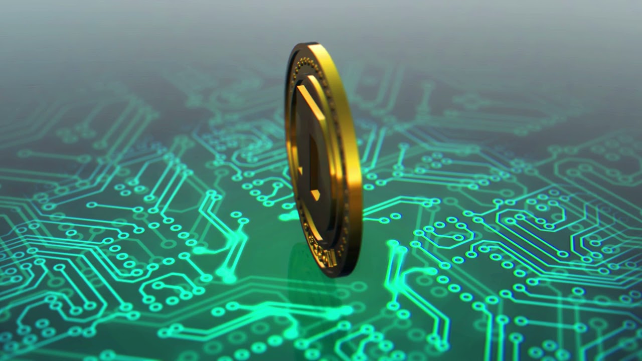 Dogecoin Cryptocurrency Spinning Animation Green Circuit Board