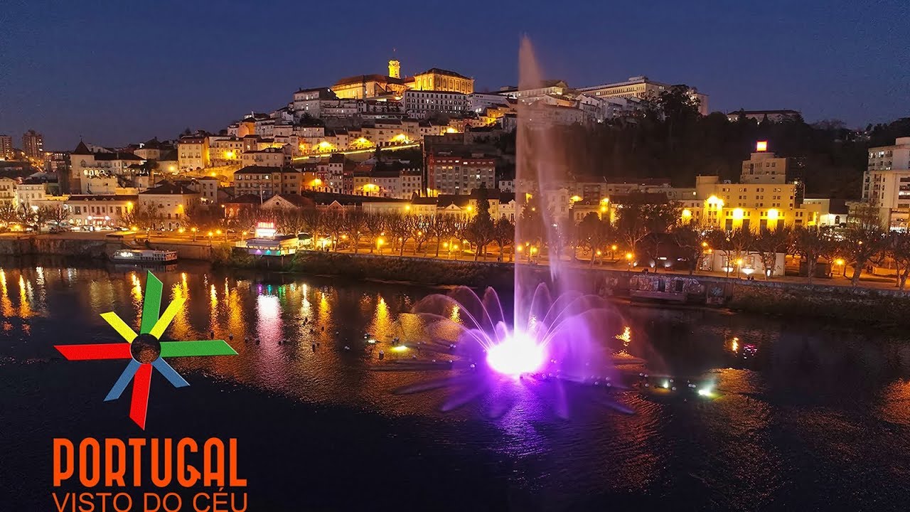 Coimbra aerial view at dusk 🌅 University tower - Cybernetic fountain - 4K UltraHD