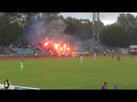 Liepaja - Dinamo Minsk. Europa League. Dinamo Minsk fans, fireshow.