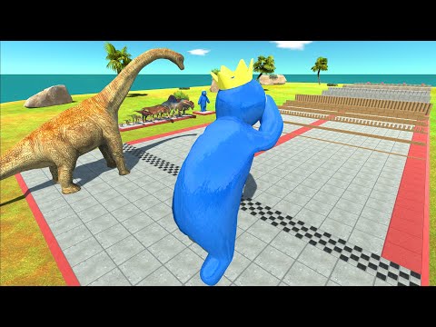 Dinosaurs vs Rainbow Friends Blue Race Through Blocks - Animal Revolt Battle Simulator