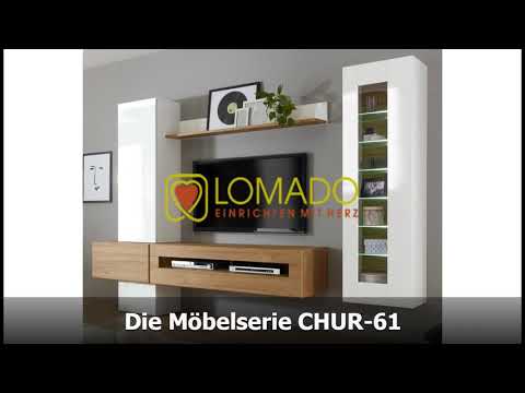 Wohnwand Set mit Sideboard CHUR-61 in Hochglanz weiß mit Eiche hell inkl. LED, B/H/T ca. 280/200/48 cm