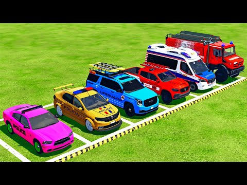 DACIA, GMC POLICE CARS, AMBULANCE VEHCILES and FIRE RESCUE TRUCK TRANSPORTING WITH TRUCK !FS22