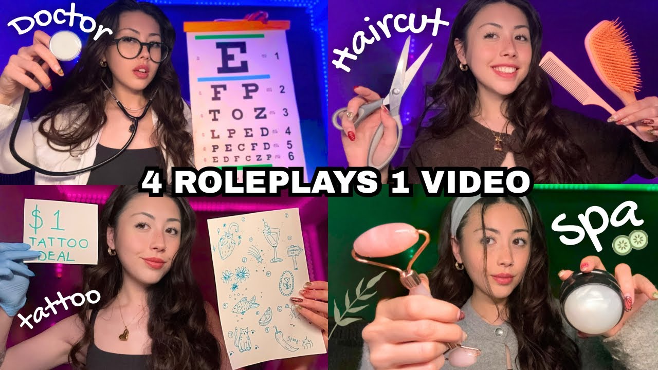 ASMR 4 Roleplays 1 Video! 💤 Doctor Exam, Haircut, Spa Facial, Tattoo, Piercings (personal attention) - inASMR