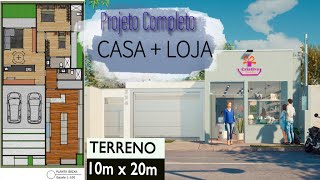 Veja: Planta de Casa com comércio em terreno de 10x20 | Casa + Loja 3d tour | Terreno 10x20