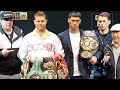 CANELO FLEXES UNDISPUTED BELTS ON DMITRY BIVOL & SMILES AS THE TWO SIZE EACH OTHER UP & FACE OFF
