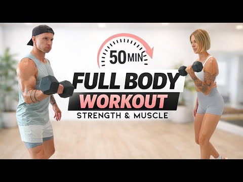 50 Min FULL BODY WORKOUT with DUMBBELLS | Strength & Muscle + Core