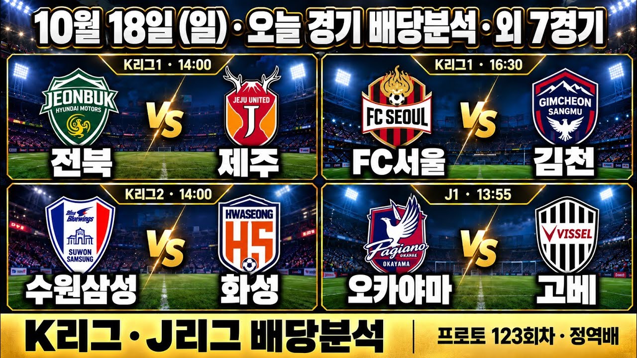 10월18일 K리그분석 국내축구분석 J리그분석 케이리그분석 K리그2분석 프로토123회차 전북 제주 FC서울 김천 수원삼성 화성 대전 광주 강원 인천 포항 안양 정역배