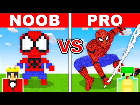 NOOB vs PRO: SPIDERMAN STATUE HOUSE Build Challenge in Minecraft