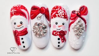 Christmas snowman and baubles nail art with bows. Xmas nail art tutorial 