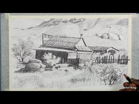 Mountains and Pine Tress Watercolor Pencil Landscape Drawing | steps to follow