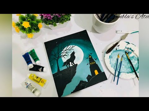 Acrylic painting tutorial for beginners/ moonlight night painting/ moonlight wolf painting