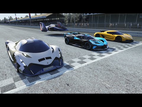 F-zero Blue Falcon vs Devel Sixteen vs Bugatti Bolide vs Koenigsegg Jesko Absolut at Monza